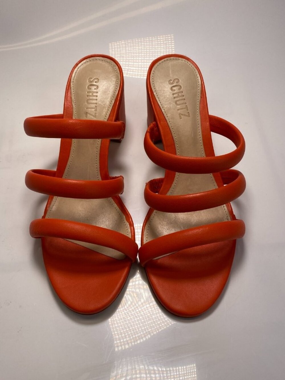 Schutz Women's Olly Mid Block Nappa Orange Leather Sandal sz 8